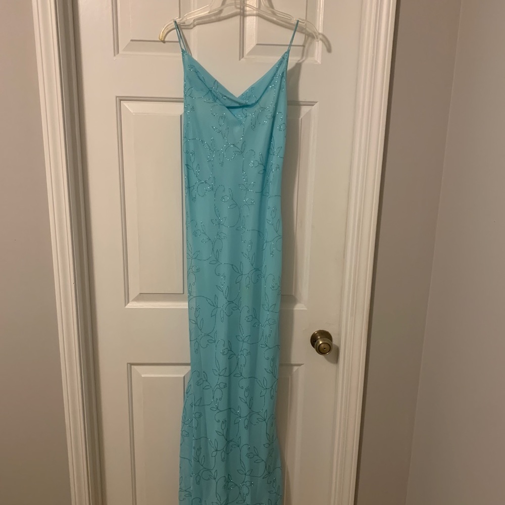Sea foam sparkle flower draped long dress